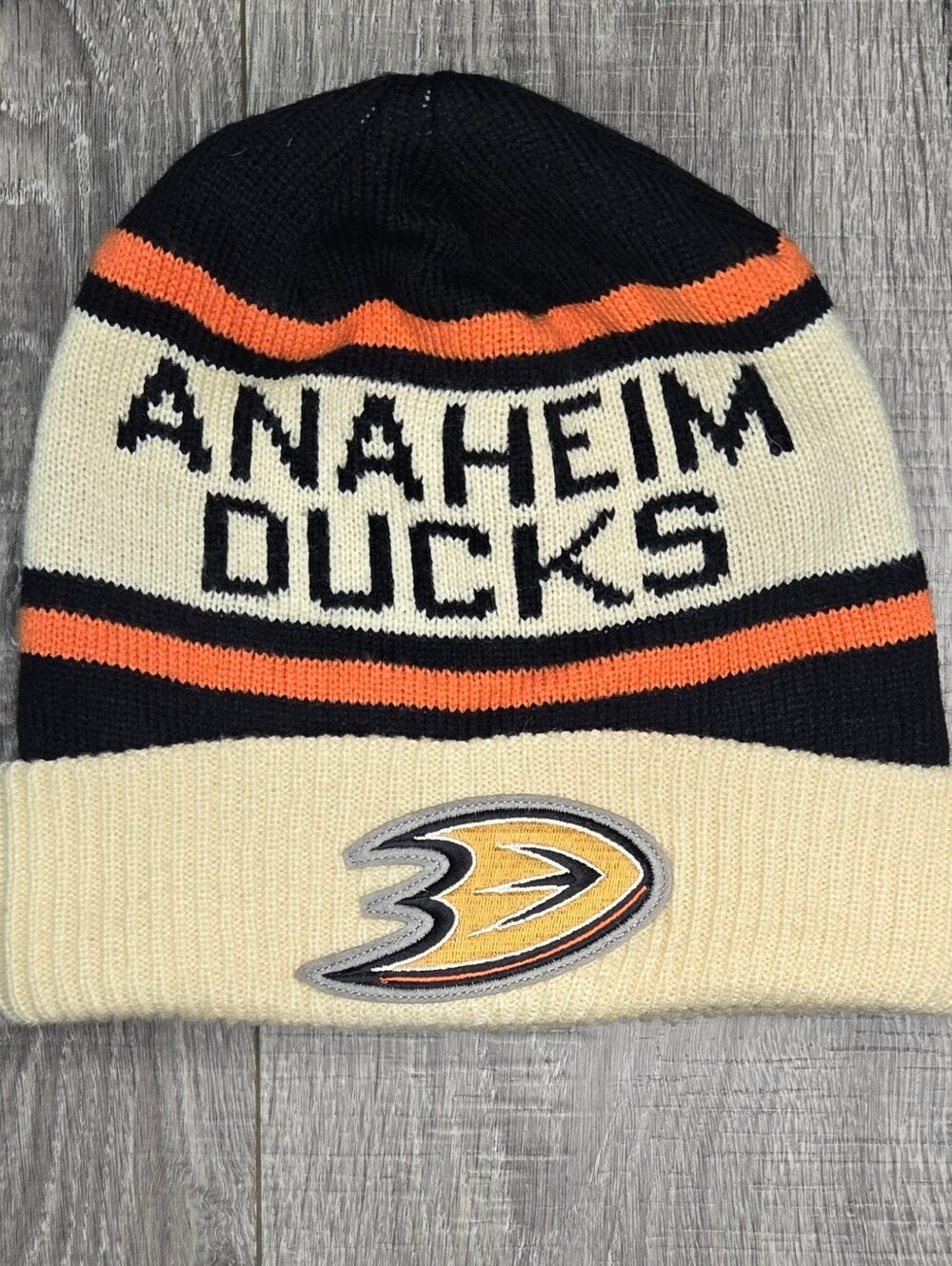 Vintage 2000s CCM Anaheim Ducks NHL Knit Cuffed Beanie Black Cream Orange OSFM